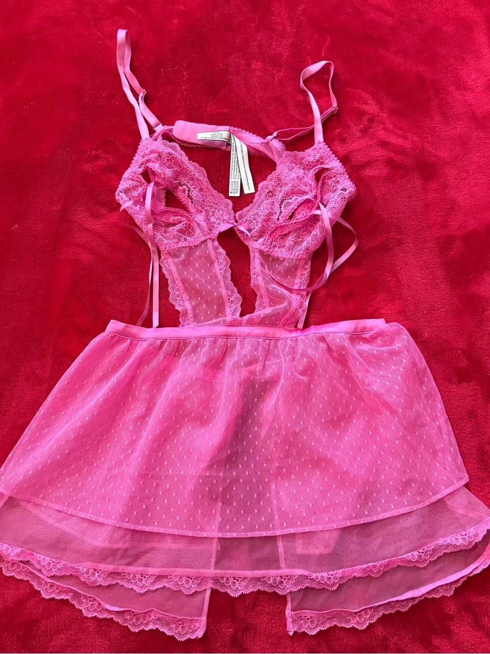 Victoria’s Secret Hot Pink Swiss Dot & Lace Babydoll Slip Dress Lingerie S
